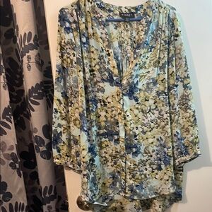 Floral Chiffon Blouse - Blue and Yellow